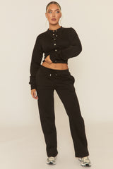 Black Popper Front Cinched Waist Sweatshirt and Wide Leg Trousers Loungewear Co-ord Set - Neelam