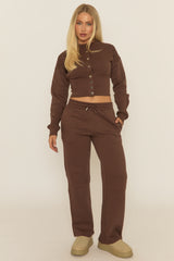 Chocolate Popper Front Cinched Waist Sweatshirt and Wide Leg Trousers Loungewear Set - Neelam