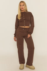Chocolate Popper Front Cinched Waist Sweatshirt and Wide Leg Trousers Loungewear Set - Neelam