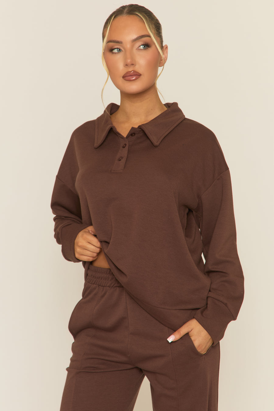 Chocolate Polo Collared Loungewear Co-ord Set - Madisyn