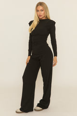 Black Asymmetric Padded Shoulder Top and Trousers Co-ord Set - Riri