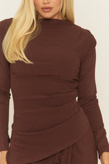 Chocolate Asymmetric Padded Shoulder Top and Trousers Co-ord Set - Riri