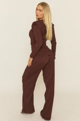 Chocolate Asymmetric Padded Shoulder Top and Trousers Co-ord Set - Riri