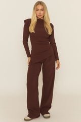 Chocolate Asymmetric Padded Shoulder Top and Trousers Co-ord Set - Riri