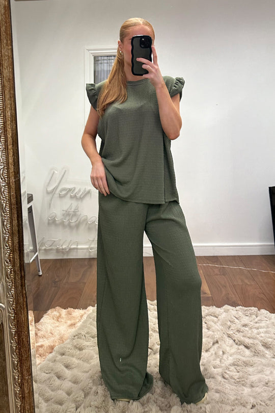 Khaki Round Neck Frill Sleeve Top & Straight Leg Trousers Co-ord Set - Ruby