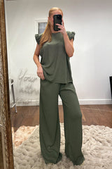 Khaki Round Neck Frill Sleeve Top & Straight Leg Trousers Co-ord Set - Ruby