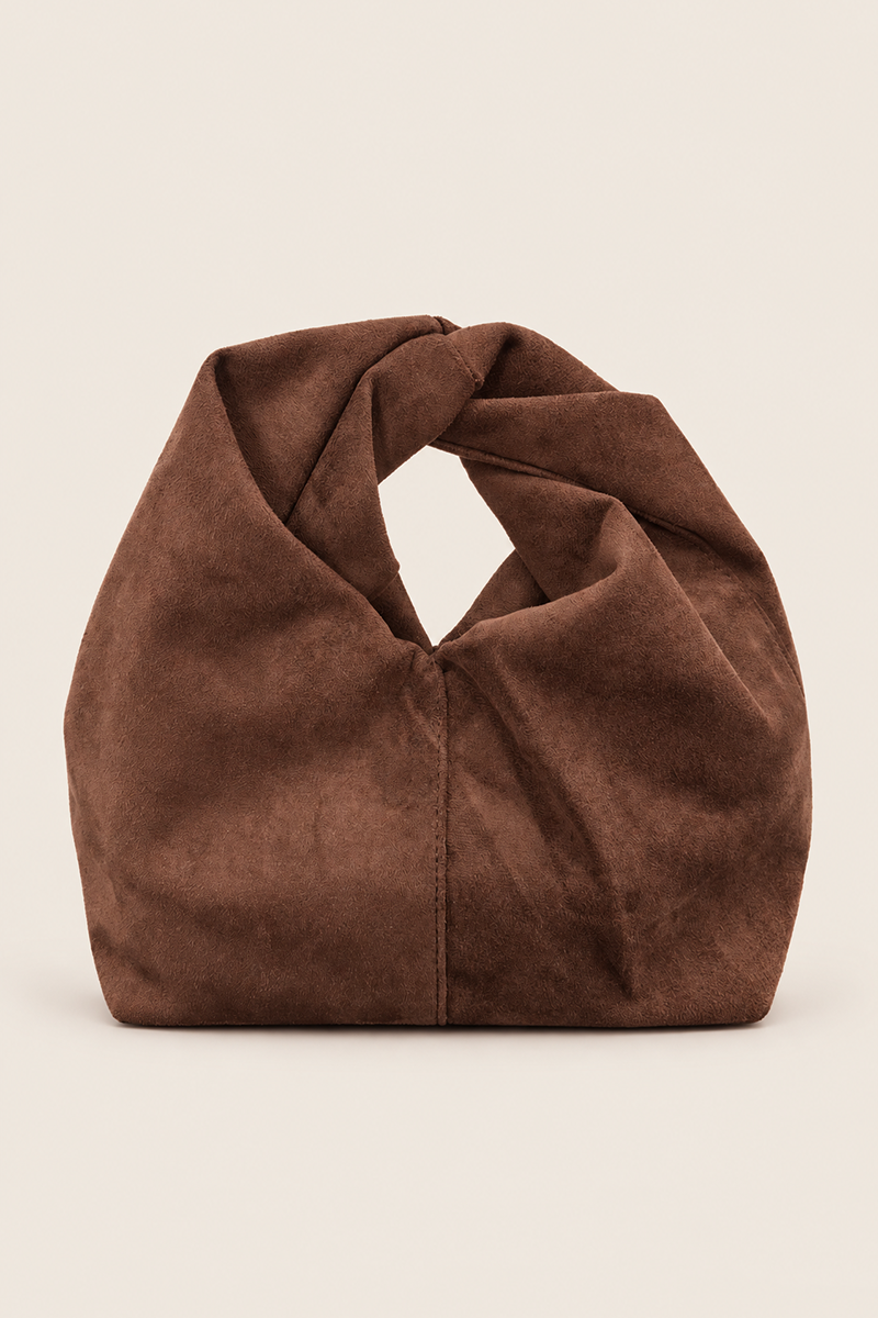 Chocolate Faux Suede Twist Handle Grab Bag - Shardy