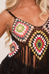 Black Multi Crochet Tassel Hem Crop Top - Anastasia
