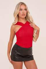 Red Mesh Asymmetric Strap Bodysuit - Blessing