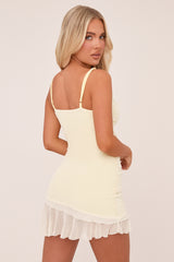 Yellow Mesh Frill Hem Bodycon Mini Dress - Priscilla