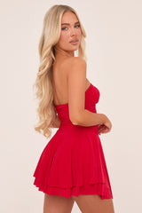 Red Bandeau Ruched Skater Mini Dress - Sifan