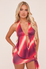 Red Abstract Print Halter Neck Top & Mini Skirt Co-ord Set - Asher