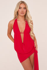 Red Plunge Neck Cowl Detail Top & Mini Skirt Co-ord Set - Lama