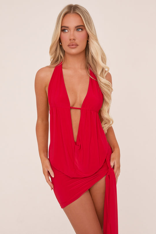 Red Plunge Neck Cowl Detail Top & Mini Skirt Co-ord Set - Lama