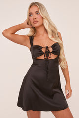 Black Satin Cut Out Tie Front Mini Dress - Bridget