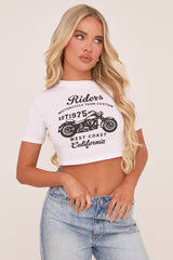 White Moto Cross Graphic Print Cropped T-shirt - Adeline