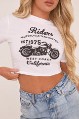 White Moto Cross Graphic Print Cropped T-shirt - Adeline