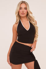 Black Lace Trim Halter Neck Crop Top & Mini Skirt Co-ord Set - Natalie
