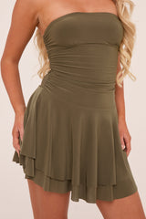 Khaki Bandeau Ruched Skater Mini Dress - Sifan