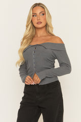 Grey Rib Knit Bardot Top - Brent