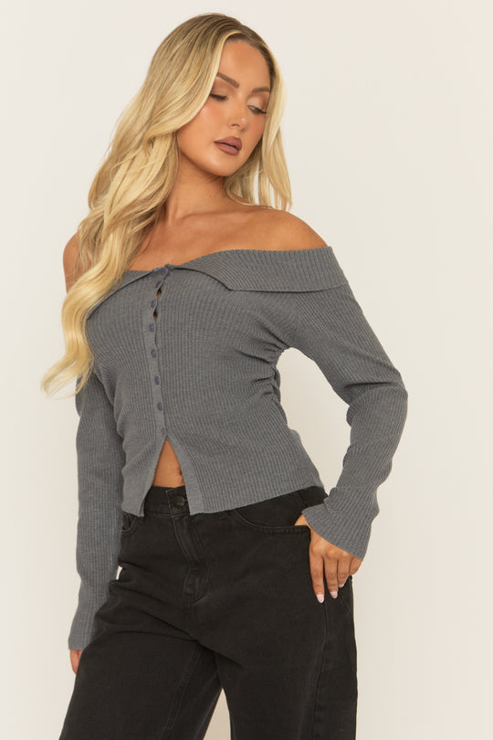 Grey Rib Knit Bardot Top - Brent
