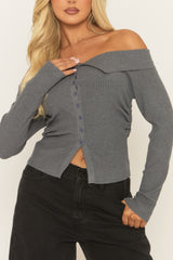 Grey Rib Knit Bardot Top - Brent