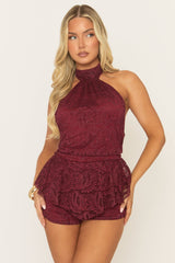 Wine Lace Frill Detail High Neck Playsuit - Lunar