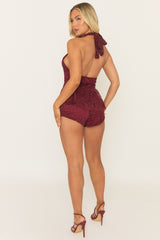 Wine Lace Frill Detail High Neck Playsuit - Lunar