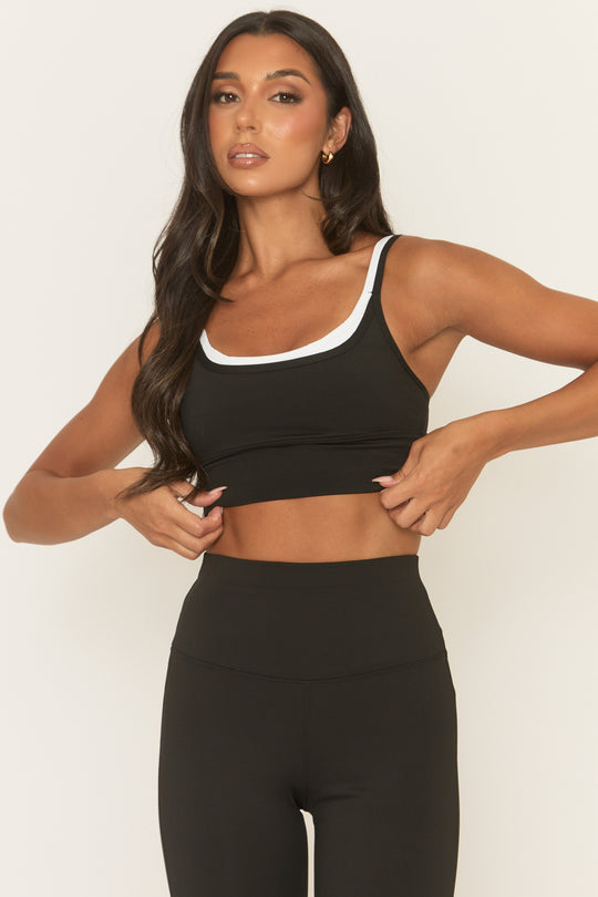 Black Contrast Piping Activewear Sports Bra - Stanley