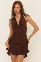 Chocolate Cowl Front Ruffle Hem Mini Dress - Genea