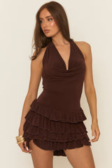Chocolate Cowl Front Ruffle Hem Mini Dress - Genea