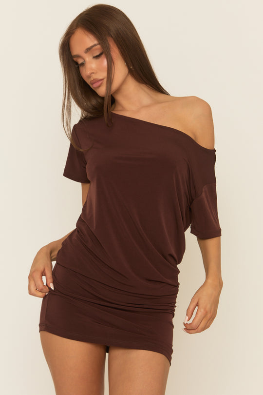 Chocolate One Shoulder Slouchy Mini Dress - Felix