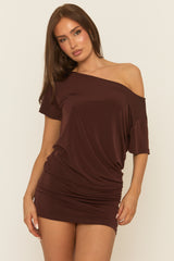Chocolate One Shoulder Slouchy Mini Dress - Felix