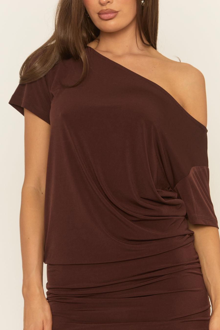Chocolate One Shoulder Slouchy Mini Dress - Felix