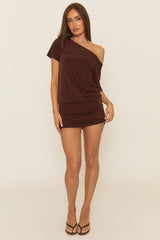 Chocolate One Shoulder Slouchy Mini Dress - Felix