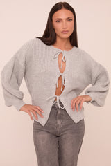 Grey Knit Tie Front Detail Long Sleeves Cardigan - Ava