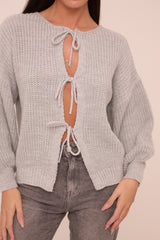 Grey Knit Tie Front Detail Long Sleeves Cardigan - Ava