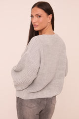 Grey Knit Tie Front Detail Long Sleeves Cardigan - Ava