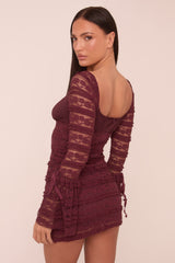 Wine Lace Long Sleeve Mini Dress - Theo