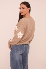 Beige Floral Button Up Front Long Sleeves Cardigan - Poppy