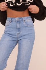 Mid Blue Mid Waist Straight Leg Denim Jeans - Maureena