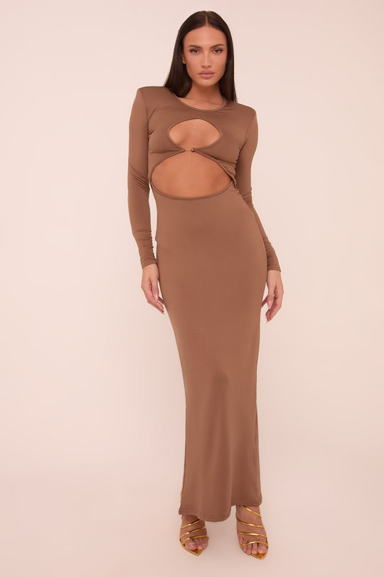 Mocha Cut Out Front Long Sleeves Maxi Dress - Elodie