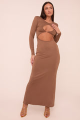 Mocha Cut Out Front Long Sleeves Maxi Dress - Elodie