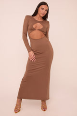 Mocha Cut Out Front Long Sleeves Maxi Dress - Elodie
