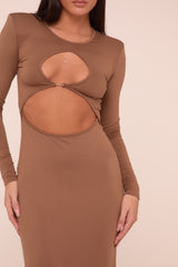 Mocha Cut Out Front Long Sleeves Maxi Dress - Elodie