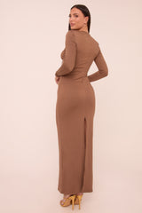 Mocha Cut Out Front Long Sleeves Maxi Dress - Elodie