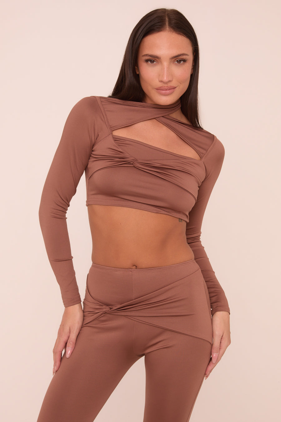 Brown Twist Detail Long Sleeves Crop Top & Kick Flare Trousers Co-ord Set - Holly