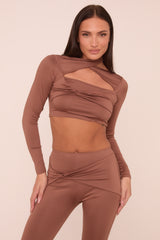 Brown Twist Detail Long Sleeves Crop Top & Kick Flare Trousers Co-ord Set - Holly
