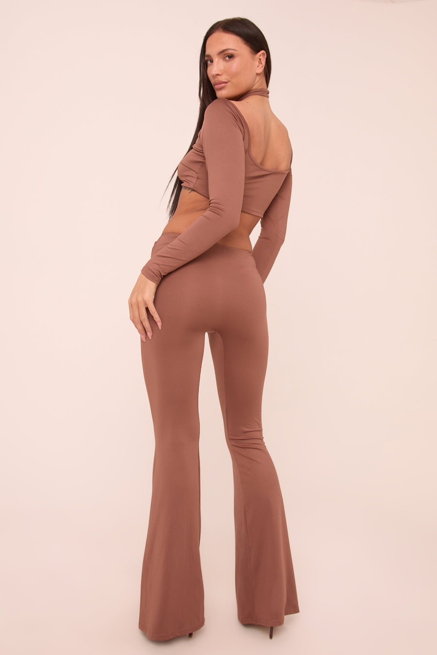 Brown Twist Detail Long Sleeves Crop Top & Kick Flare Trousers Co-ord Set - Holly
