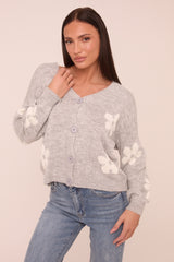 Grey Floral Button Up Front Long Sleeves Cardigan - Poppy